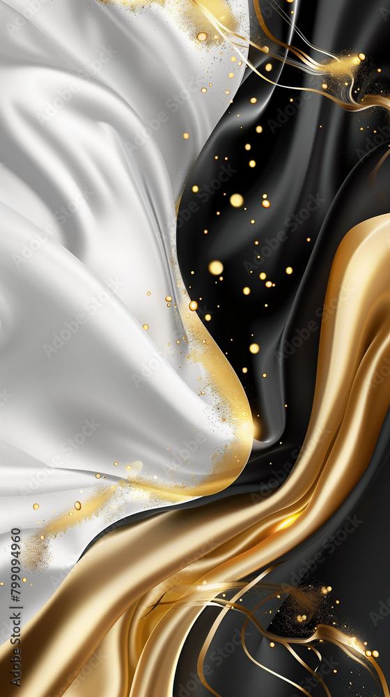Abstract Elegance, Black and White with Gold Accents, Flowing Liquid Texture Design