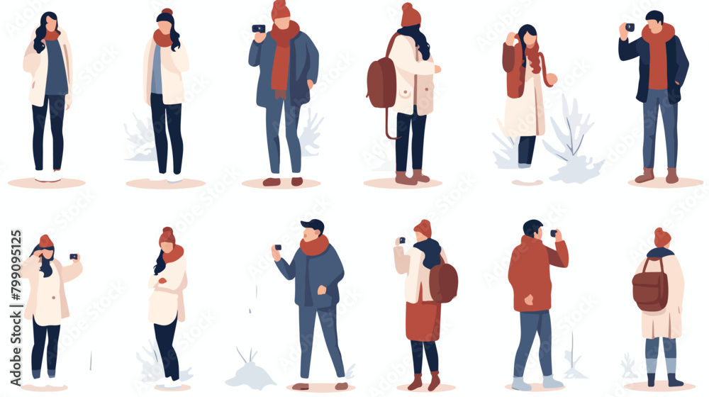 Photographing people in warm clothes flat vector il
