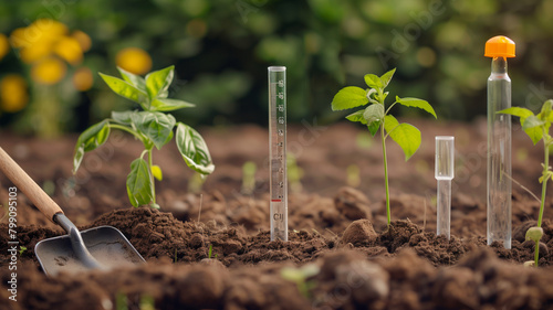 Fertile loam in the hands of a farmer man and a soil measurement in place.Generative AI