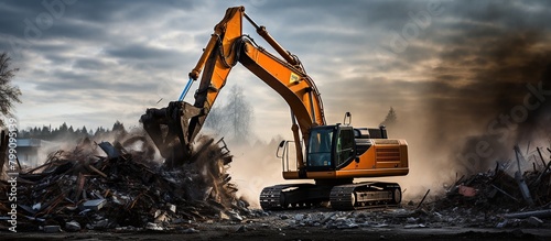 An excavator loader at work excavating, crushing and loading building materials at a demolition construction site.