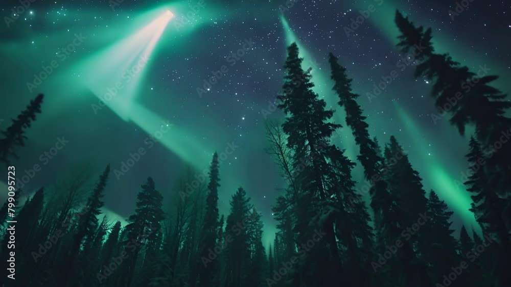 A forest with trees and a sky full of auroras A forest with trees and a sky full of auroras