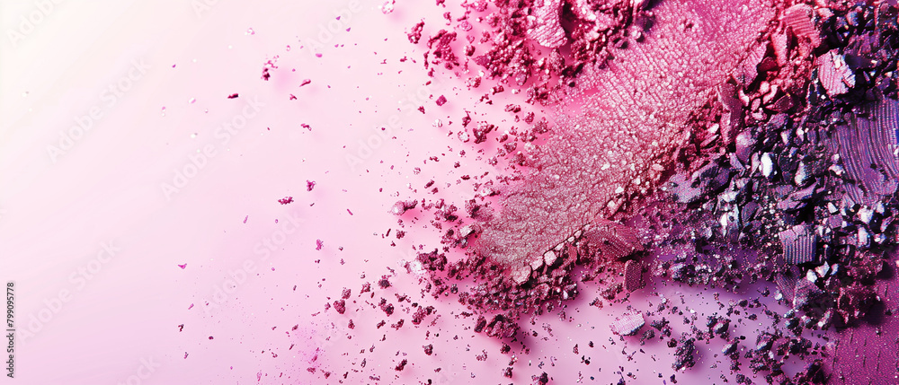 Exploding cosmetics. Vibrant shades of pink and purple eyeshadow with glitter accents. Banner. Generative AI