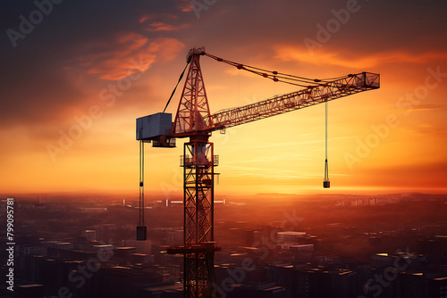 tower crane at a bright sunset, above a bustling cityscape under construction. Generative AI