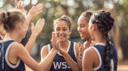In court training, workout matches, or exercise, sports women, netball team, or high five hands succeed, support, or motivate. Happy or fit friends, pupils, or collaborators