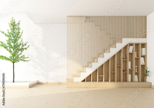 Morning light and trees outside the bare glass wall. Inside there is a Modern minimalist living room with a TV cabinet and built-in bookshelf. Wood slat wall and stairs. 3D rendering