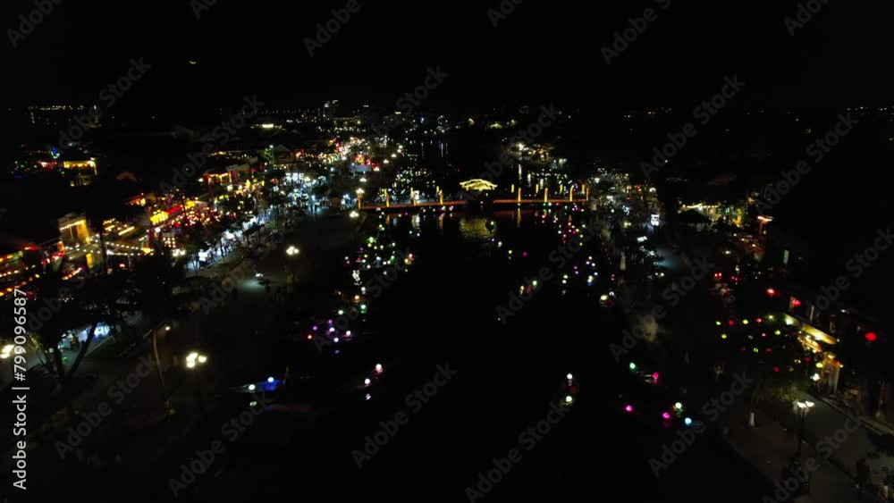 Aerial video over Hoi An over the river at night an ancient town Quang Nam province Aerial video over Hoi An over the river at night an ancient town Quang Nam province