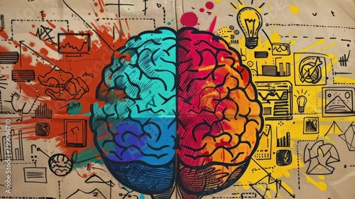 Brain hemispheres concept.Duality of Thought: A Vibrant Fusion of Creative and Logical Brain Hemispheres.