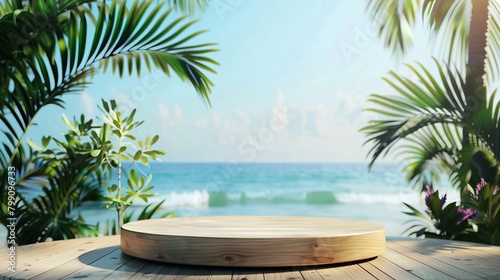 A wooden platform on a tropical beach with palm trees and the ocean in the background.