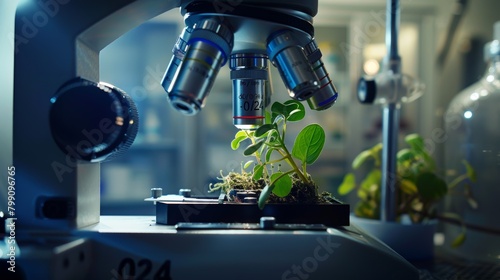 Plant biology, microscope, and lab for analysis, study, and floral gmo experiment. Agricultural, ecological, or leaf or plant growth on petri dishes for botany with lab equipment