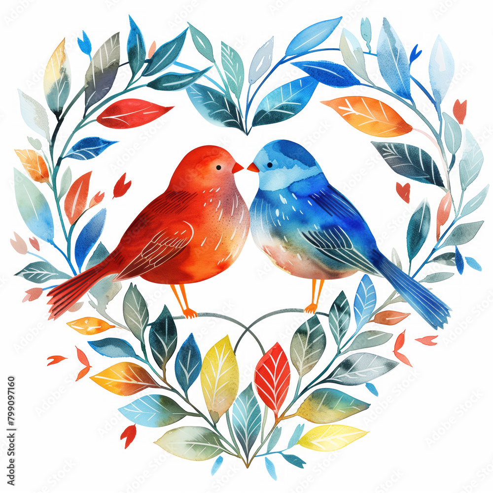  two birds in love, standing on a heart. The background is white. This design could represent sweet moments between lovers or the beauty found within nature's embrace. Valentin Day cards