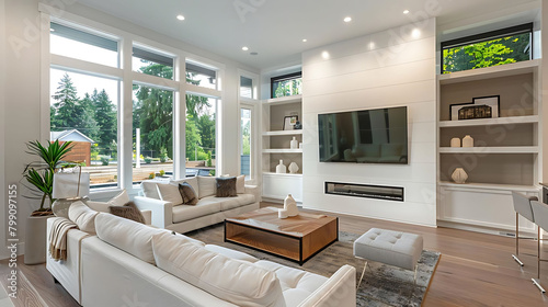 minimalist family room with recessed lighting featuring a white couch, brown pillows, and a white c