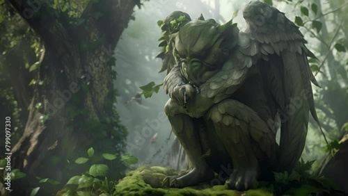 Mystical gargoyle sits contemplatively in a lush fantasy forest, a haven for mythical creatures and venerable, ancient trees