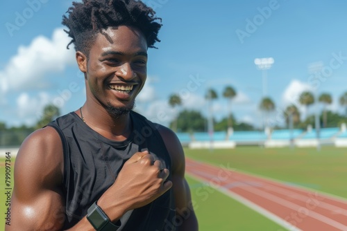 Portrait of athletic athlete monitoring smartwatch pulse during field workout. Exerciser using fitness tracker to track progress, heart rate, and calories. photo