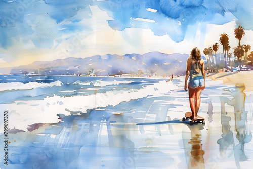 Girl on skateboard/surf Venice Beach, watercolour style