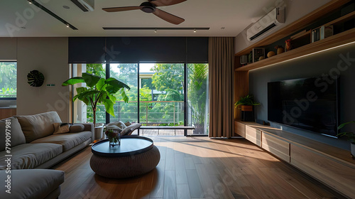 minimalist family room with sliding doors featuring a large television, wood floor, and brown ceili photo