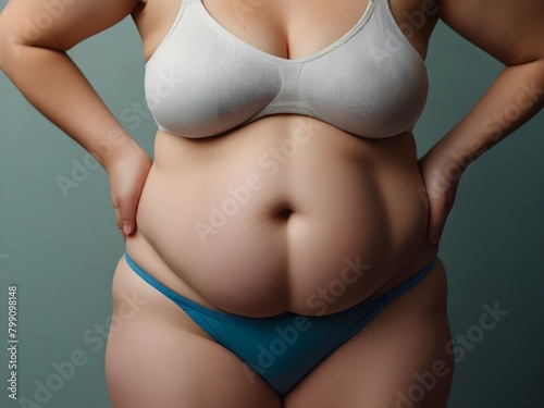 Overweight woman's belly, fat woman has excess fat, dieting and losing weight. Unhealthy, medical health concept. photo