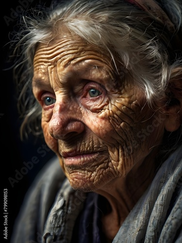Portrait of an old woman with a wrinkled face.