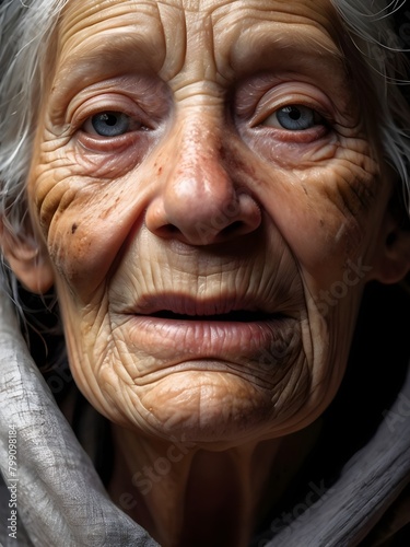 Portrait of an old woman with a wrinkled face. © Natasa
