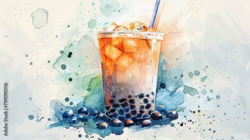 Watercolor illustration of tapioca milk tea photo