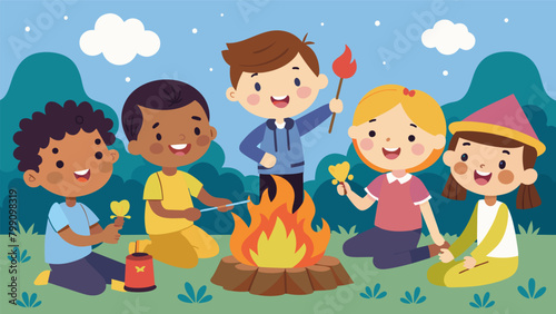 A group of happy children gathered around a bonfire roasting marshmallows and proudly showing off their first fishing trophies.
