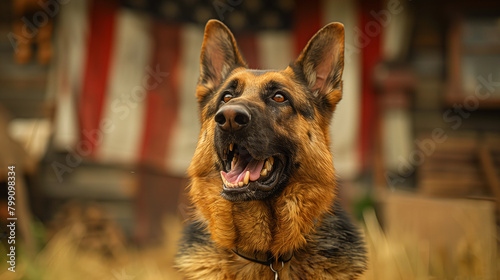 German shepherd dog and the blurred USA flag on the background. Generative AI © Herseliia