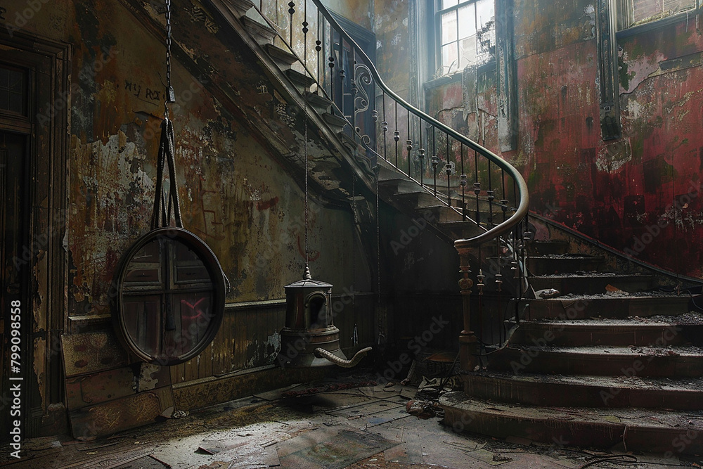 Naklejka premium A staircase with a giant pendulum swinging beside it