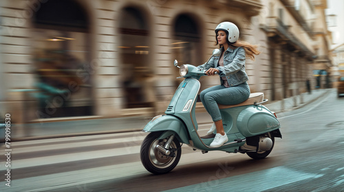 A youthful woman joyfully rides a scooter while wearing a helmet, amid a city street backdrop surrounded by buildings, evoking a sense of travel enjoyment and vacation vibes. © Vladimir