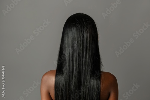 Back, hair care and woman with shine, salon and confident girl against a studio background. Woman, cosmetics, or model with treatment, grooming, or healthy scalp, luxury, shine, and self-care
