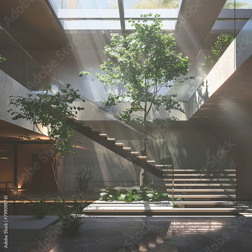A staircase with a glass balustrade overlooking a sunlit courtyard