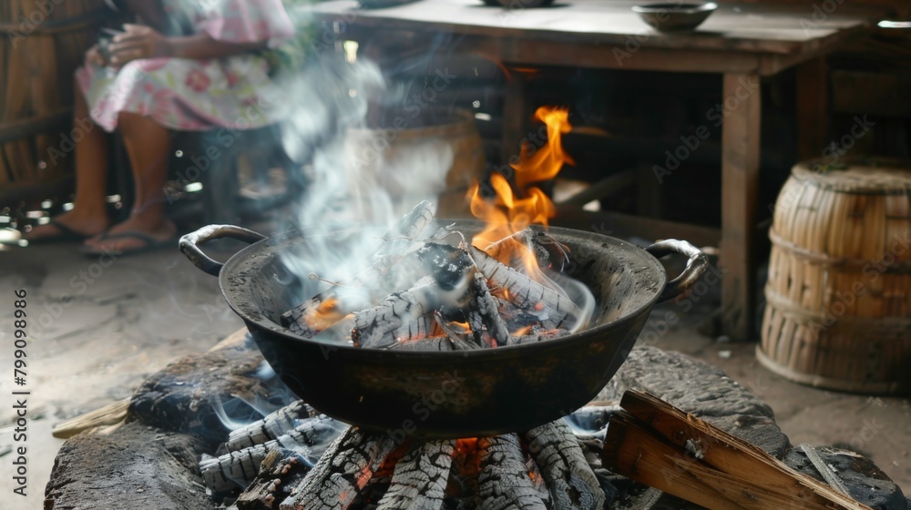 Frying pan heating on stove in kitchen Frying pan heating on stove in kitchen