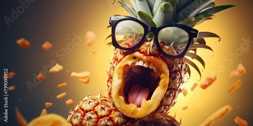 Funny pineapple eating pizza, concept of Comedic fruit consumption photo