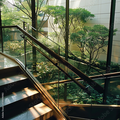 A staircase with a glass panel railing overlooking a garden