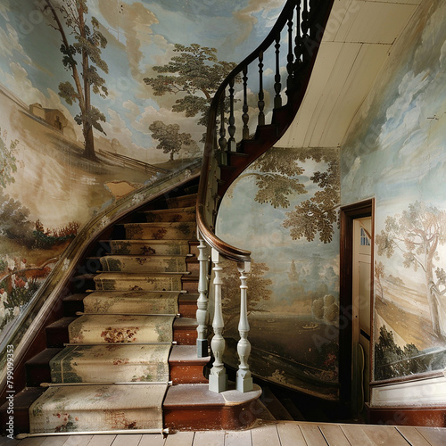 A staircase with a hand-painted mural along the walls