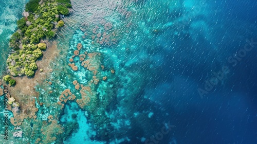 A vibrant coral atoll from above, showing different shades of blue photo
