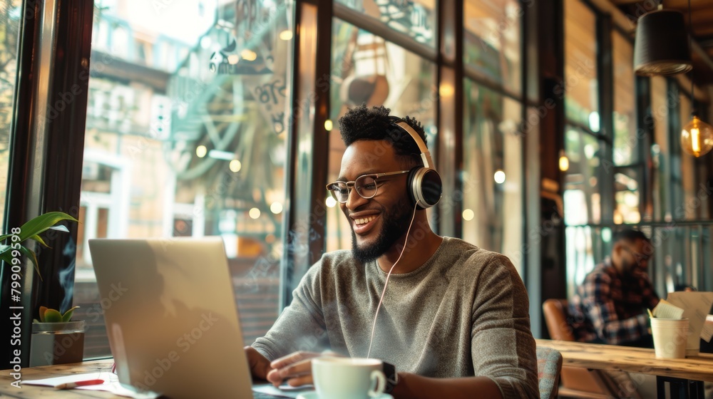 Remote job, laptop at café, headphones, freelancer, copywriter, content, SEO. Type on PC in coffee shop, copywrite with music and study. Remote job, laptop at café, headphones, freelancer, copywriter, content, SEO. Type on PC in coffee shop, copywrite with music and study.
