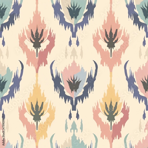 An ethnic Ikat tropical seamless pattern in pastel tones  featuring abstract traditional folk graphics for an elegant and luxurious textile background.