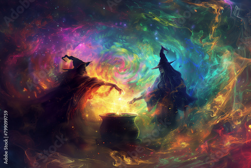 Two friends, a wizard and a witch, brewing a mysterious potion in a cauldron amidst a haze of colorful swirling vapors.