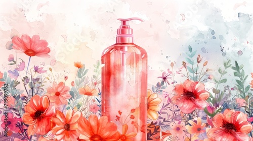Watercolor illustration of shampoo bottle with dreamy floral