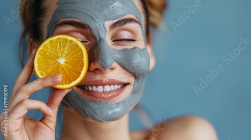 Skincare or dermatological closeup, woman and orange face mask on blue studio background. Zoom, woman or model with citrus fruit, vitamin C, luxury clay, or self-care. photo