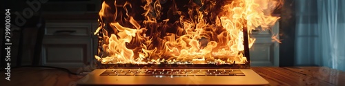 Unrelenting task demands set a laptop ablaze, a fiery testament to non-stop digital labor photo