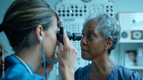 Women's eye care and glaucoma screening at clinic with ophthalmoscope. Patient eyesight assessment using lens instruments by optometrist, specialist, and retina analysis photo