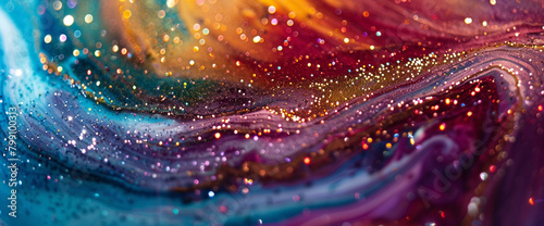 Swirling glitters sparkle amidst a canvas painted with a kaleidoscope of vivid colors.