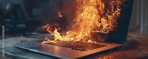 The relentless heat of prolonged usage takes its toll, a laptop aflame from overwork photo