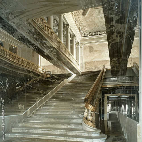A staircase with a mirrored ceiling reflecting the ascent