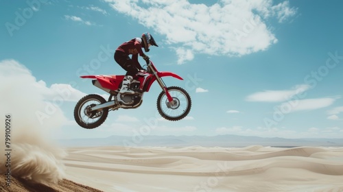 Motorcycle, sky, and jump with a desert man seeking adrenaline. Bike, speed, and sand training with an athlete in nature for freedom or competitiveness.