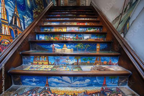A staircase with a mosaic of famous landmarks on each step