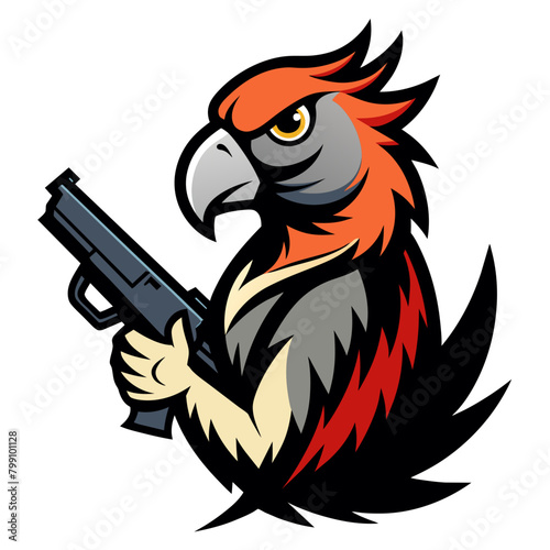  illustration of a parrot perched proudly with a gun in its beak or talons, symbolizing unexpected strength and defiance