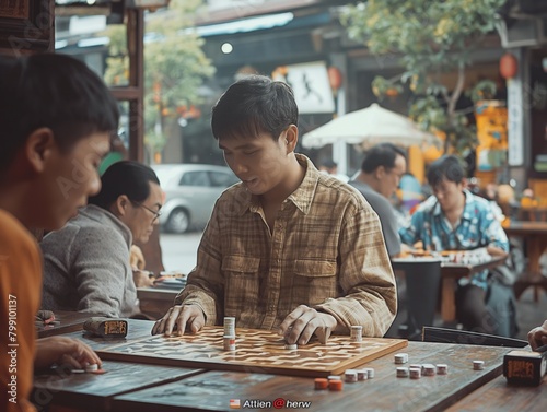 A man is playing chess with another man in a restaurant. There are other people in the background, some of whom are also playing chess