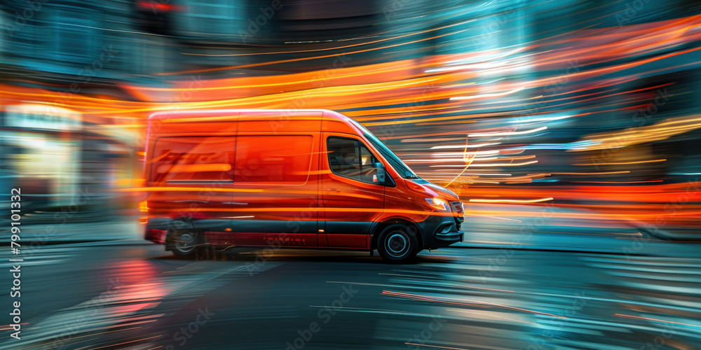 Nighttime City Drive Red Van with Light Trails Following Behind on Urban Street