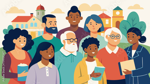 A diverse group of community members gathers at the town hall to participate in an oral history project ensuring that voices from different. Vector illustration